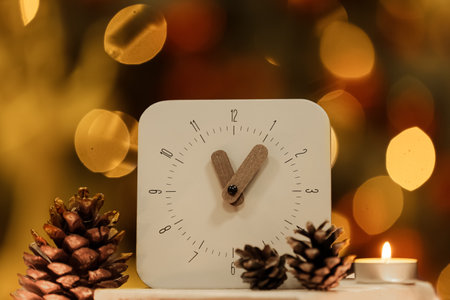 Clock with fir cones against blurred Christmas lights, closeupの写真素材