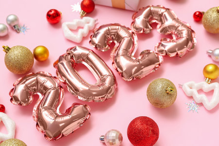 Figure 2023 made of foil balloons with Christmas decor on pink background, closeup