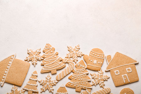Set of different Christmas cookies on light backgroundの写真素材
