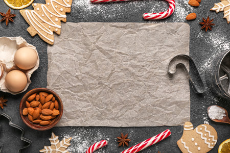 Composition with sheet of baking paper, Christmas cookies and ingredients on dark background