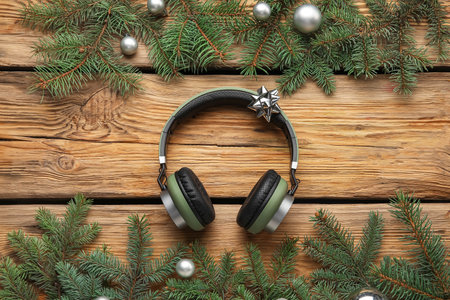 Composition with modern headphones, fir branches and Christmas balls on wooden backgroundの写真素材