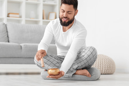 Young man with Tibetan singing bowl sitting at homeの写真素材