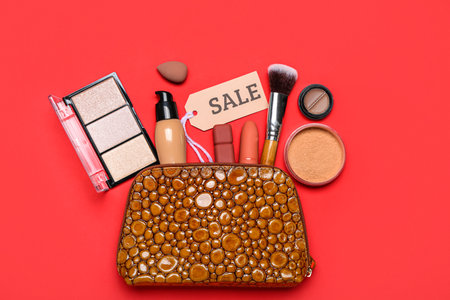 Bag with cosmetic products, accessories and sale tag on red backgroundの写真素材