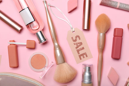 Bag with cosmetics, accessories and sale tag on pink backgroundの写真素材