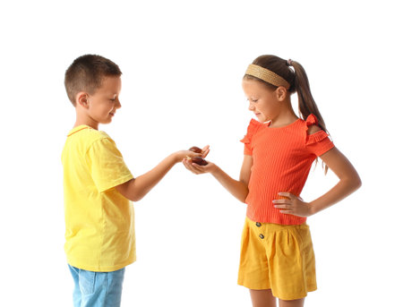 Cute little children with snails on white backgroundの写真素材