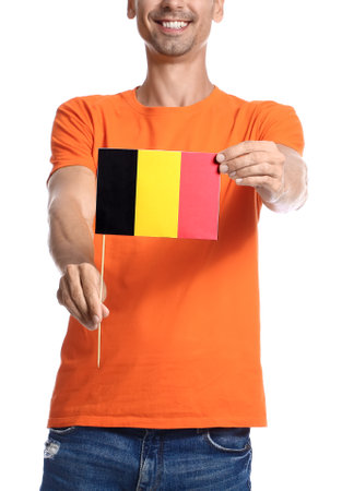 Young man with flag of Belgium on white backgroundの写真素材