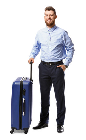 Handsome businessman with blue suitcase on white backgroundの写真素材