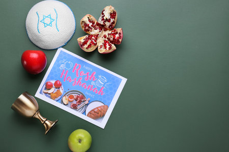 Greeting card for Rosh hashanah (Jewish New Year) with symbols and kipa on color background