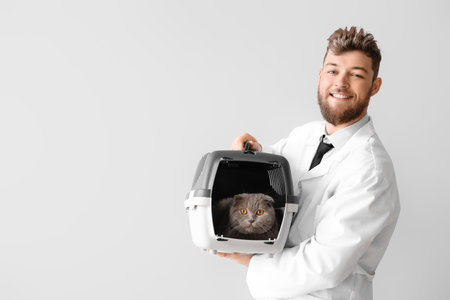 Male veterinarian with Scottish fold cat in carrier on light backgroundの写真素材