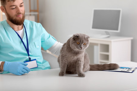 Veterinarian examining Scottish fold cat in clinic