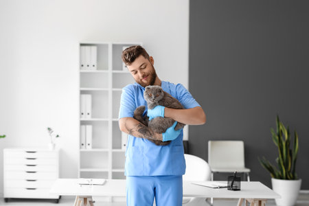 Male veterinarian with Scottish fold cat in clinicの写真素材