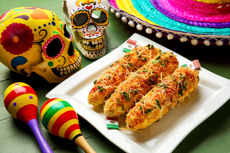 Plate with tasty Elote Mexican Street Corn, painted skull and maracas on green wooden background