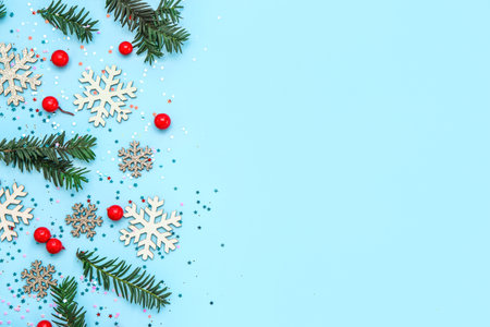 Composition with Christmas decorations, fir branches and sequins on color background