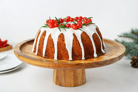 Wooden dessert stand with traditional Christmas cake on light background