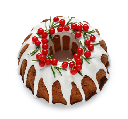 Delicious Christmas cake with cranberry on white backgroundの写真素材