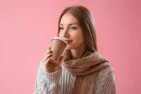 Young redhead woman in warm scarf with takeaway cup of coffee on pink backgroundの写真素材