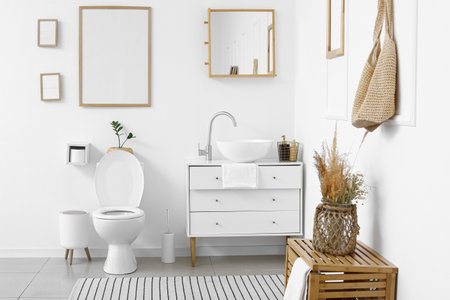 Interior of white restroom with toilet bowl and chest of drawers
