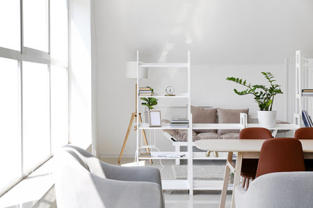 Interior of light room with book shelves, dining table and couch