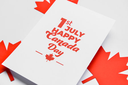 Red maple leaves and paper card with text 1ST JULY HAPPY CANADA DAY on white background, closeup