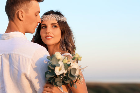 Happy wedding couple on summer dayの写真素材