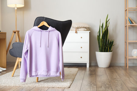 Stylish hoodie hanging on armchair in roomの写真素材