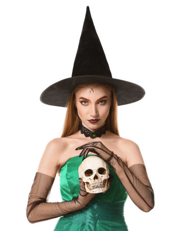 Young witch with skull on white background