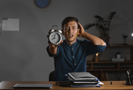 Shocked young man with alarm clock in office at night
