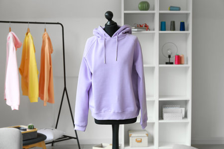 Mannequin with lilac hoodie in modern roomの写真素材