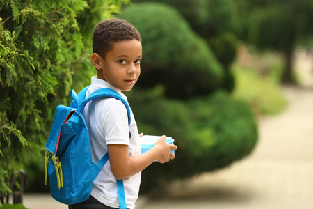 Cute little boy with school lunch box outdoorsの写真素材