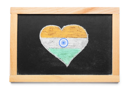 Chalkboard with drawn flag of India in shape of heart on white backgroundの写真素材