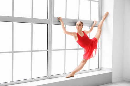 Beautiful young woman doing gymnastics in the gymの写真素材