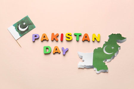 Flag and map of Pakistan on color background. independence day celebrationの写真素材