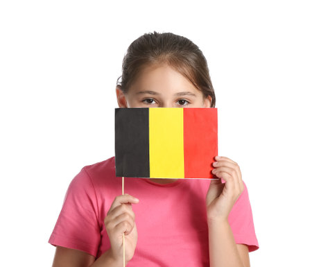Little girl with flag of Belgium on white backgroundの写真素材