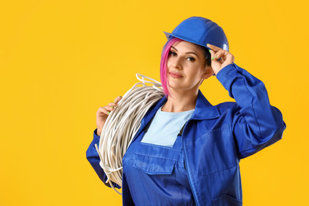 Female electrician with cables on color backgroundの写真素材