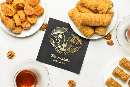 Greeting card for Eid al-Adha (Feast of the Sacrifice) with Turkish tea and sweets on white...