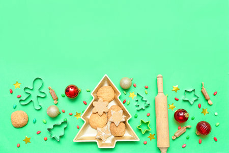 Plate in shape of Christmas tree with cookies, decor, cutters and rolling pin on green backgroundの写真素材