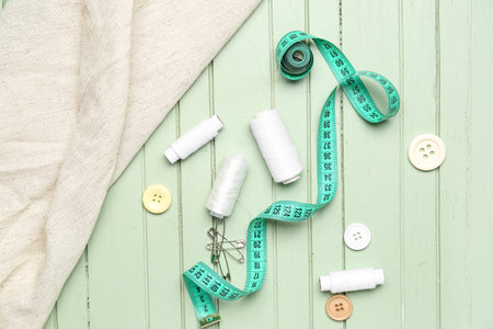 Set of sewing supplies on color wooden background