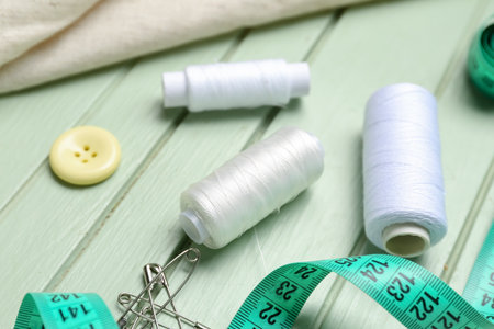 Thread spools on color wooden table, closeup