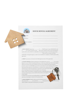 House rental agreement, wooden figure of house and key with keychain on white backgroundの写真素材