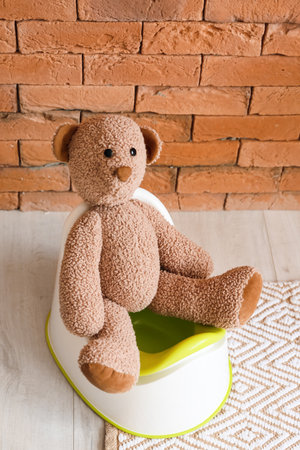 Cute toy bear sitting on potty near brick wall