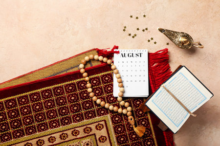 Festive composition for Islamic New Year on color backgroundの写真素材