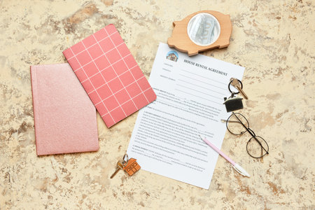 House rental agreement with piggy bank, notebooks, keys and eyeglasses on grunge background