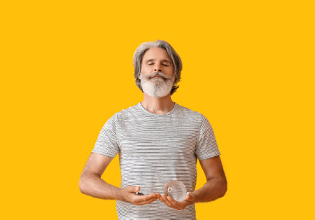Mature man with gemstone and crystal ball on color background. Lithotherapy concept