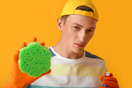 Handsome man with sponge and detergent on yellow backgroundの写真素材