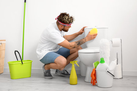 Young man with sponge cleaning toilet in bathroomの写真素材