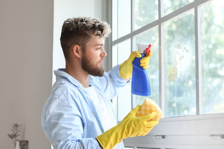 Handsome young man with sponge cleaning window at home