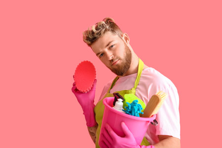 Handsome young man with cleaning supplies on pink backgroundの写真素材