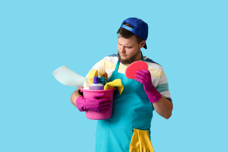 Young man with cleaning supplies on blue backgroundの写真素材
