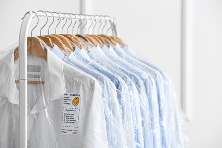 Rack with clean shirts in plastic bags near light wallの写真素材