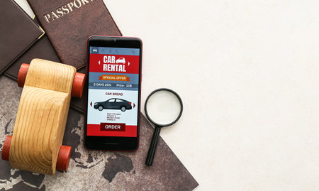 Mobile phone with open car rent app, wooden toy, magnifier, passports and map on white backgroundの写真素材